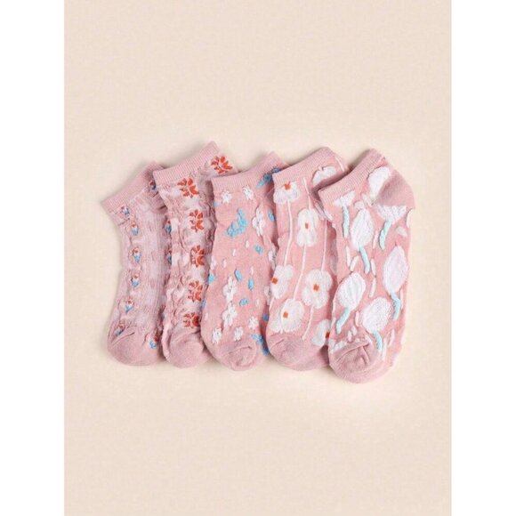 Women 5 Pairs Low-Cut Floral Print Ankle Short Socks Double-Line Anti-Slip - Picture 2 of 11